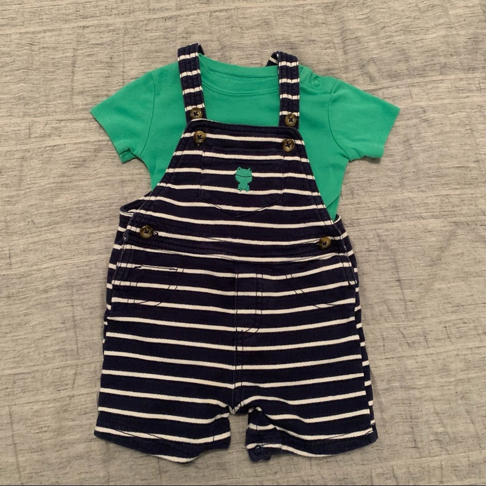 Carter matching set - navy stripe overalls with green frog and green onesie